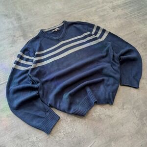 Denver Hayes Mens 2XL V-Neck Cotton Knit Sweater Navy Blue Grey Stripe Y2K Surf